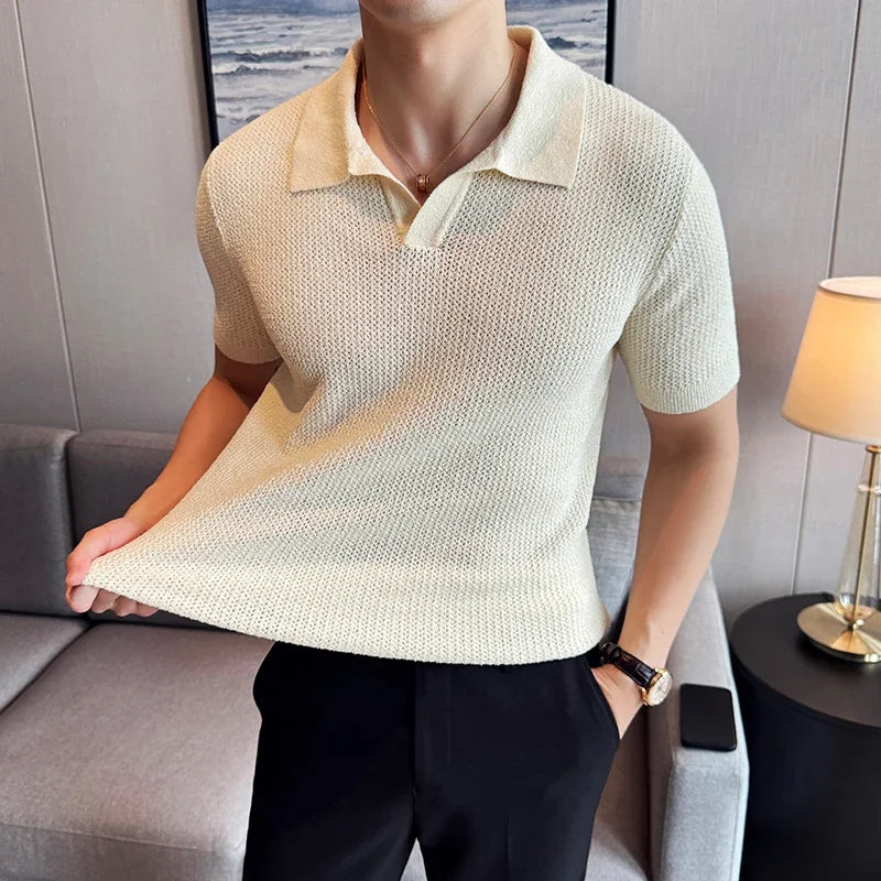 Men's Slim Fit Knitted Polo Shirt Summer 2025 Casual V-Neck Short Sleeve