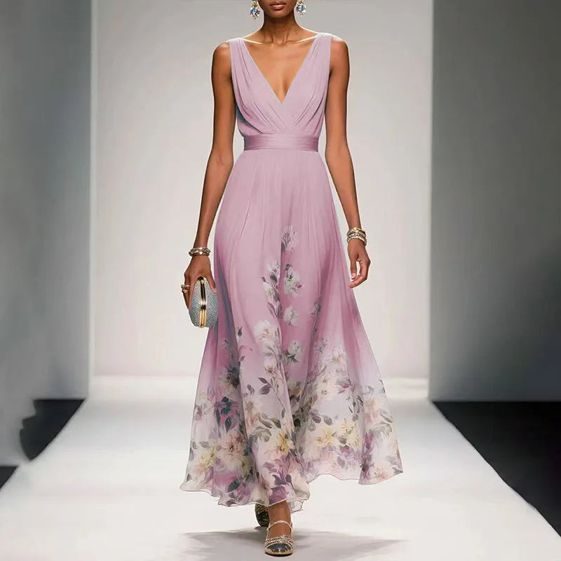 Women's Floral Chiffon Maxi Dress Summer Sleeveless V-Neck High Waist