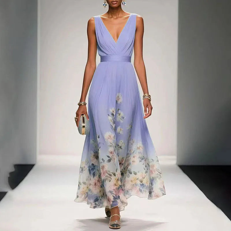 Women's Floral Chiffon Maxi Dress Summer Sleeveless V-Neck High Waist