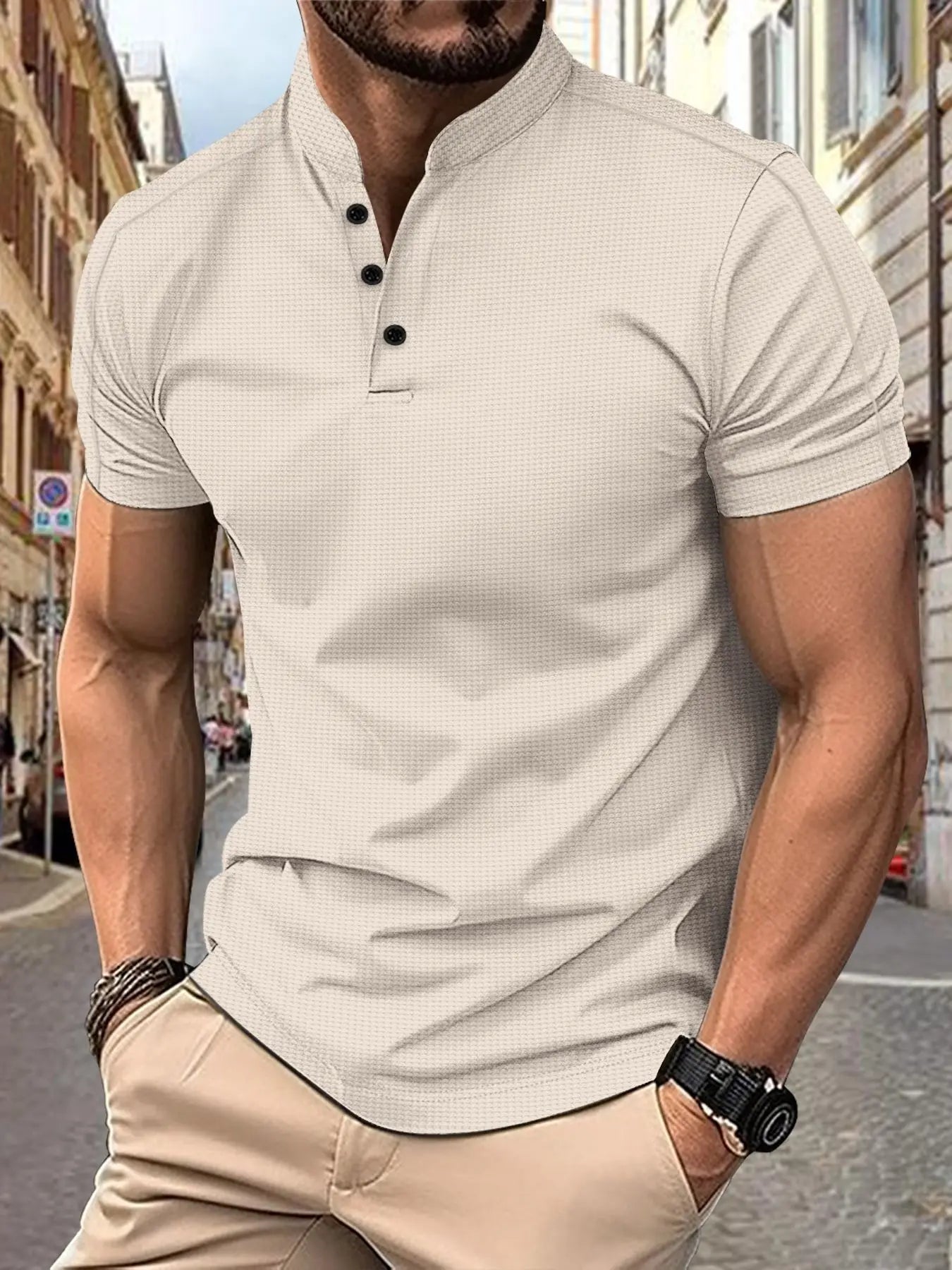 Men's Henley Collar Polo Shirt Casual Short Sleeve Summer Fashion