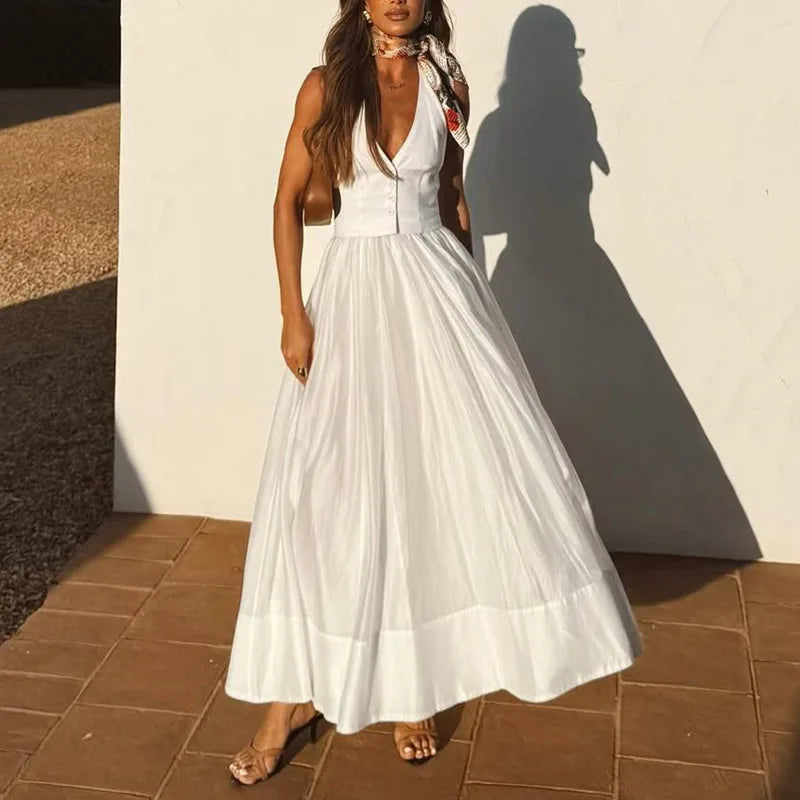 Deep V Pleated Boho Dress