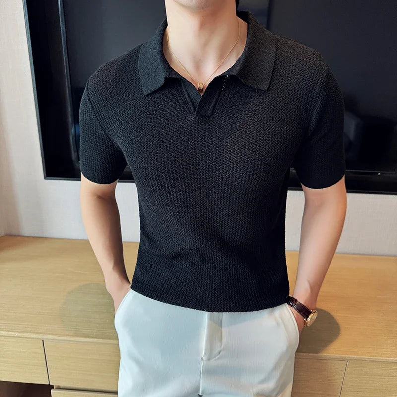 Men's Slim Fit Knitted Polo Shirt Summer 2025 Casual V-Neck Short Sleeve