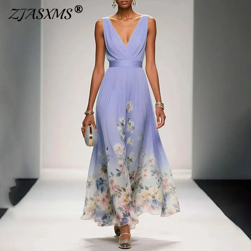 Women's Floral Chiffon Maxi Dress Summer Sleeveless V-Neck High Waist