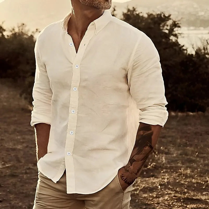 Men's Linen Button Down Shirt 2024 Solid Color Breathable Casual