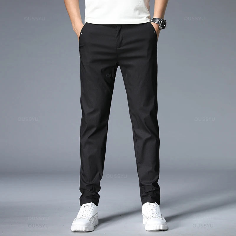 Men's Slim Fit Casual Pants Stretch Elastic Waist Korean Style