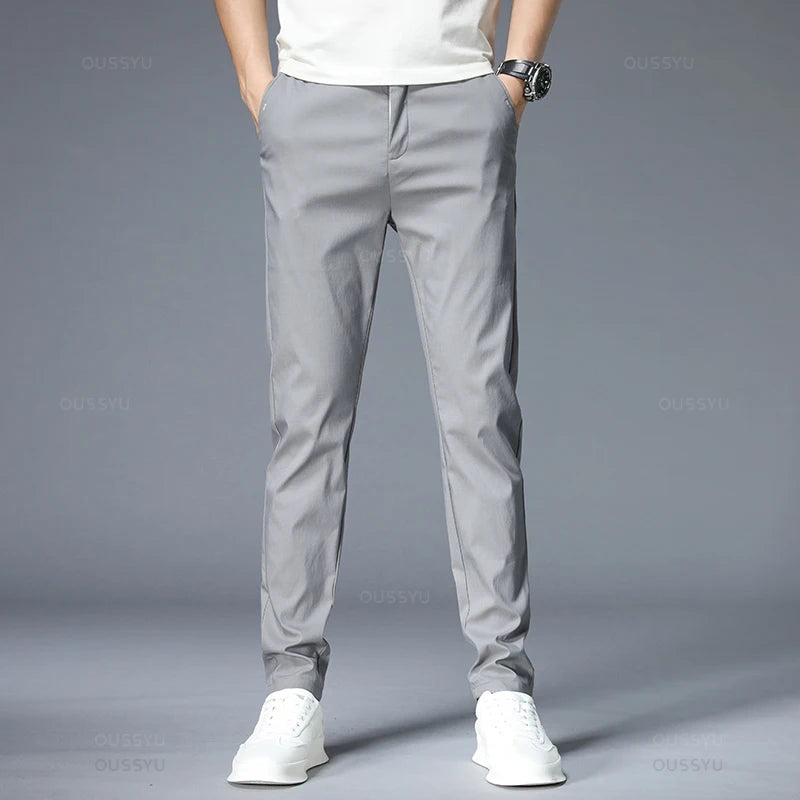 Men's Slim Fit Casual Pants Stretch Elastic Waist Korean Style