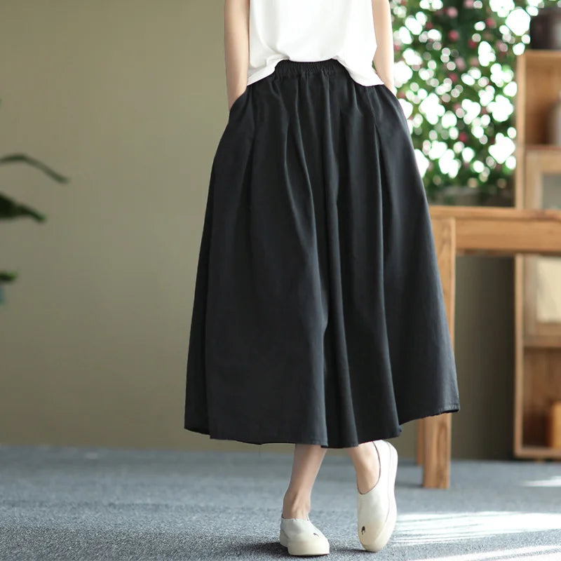 Retro Linen Midi Skirt