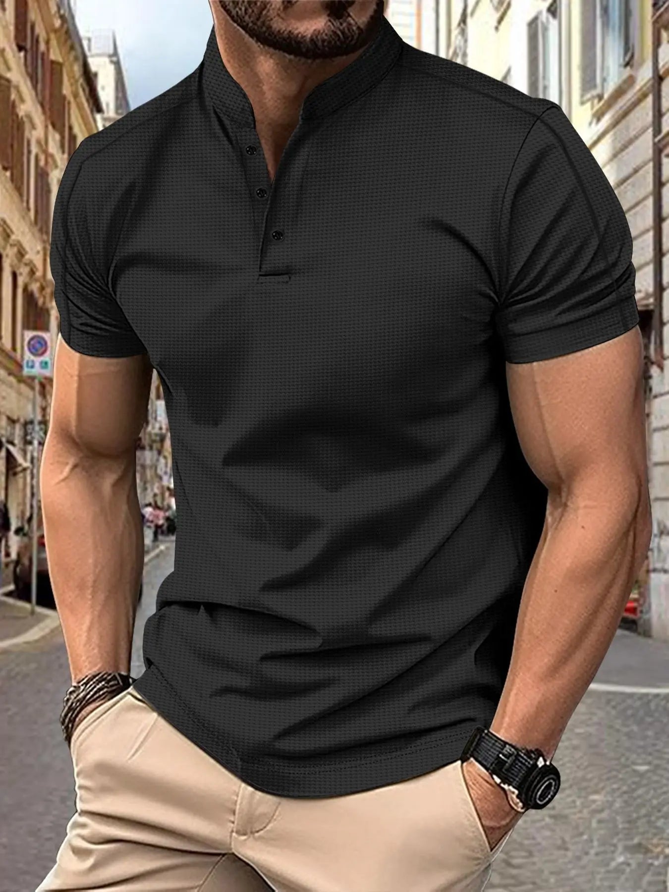 Men's Henley Collar Polo Shirt Casual Short Sleeve Summer Fashion