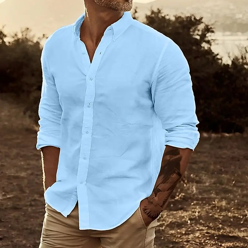 Men's Linen Button Down Shirt 2024 Solid Color Breathable Casual