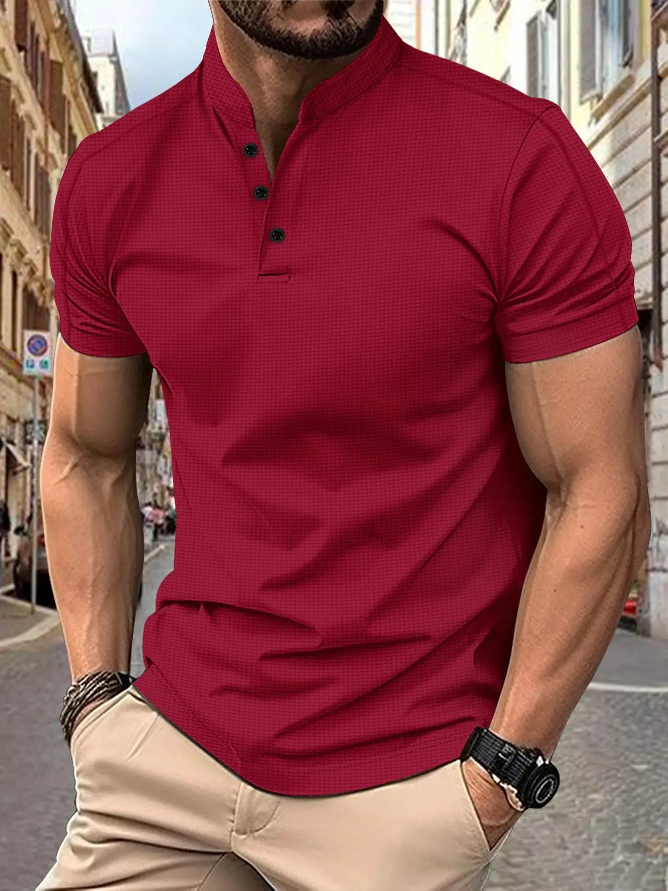 Men's Henley Collar Polo Shirt Casual Short Sleeve Summer Fashion