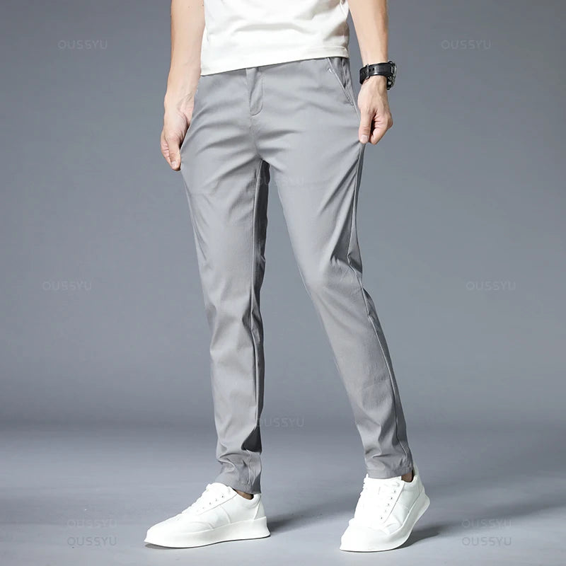 Men's Slim Fit Casual Pants Stretch Elastic Waist Korean Style