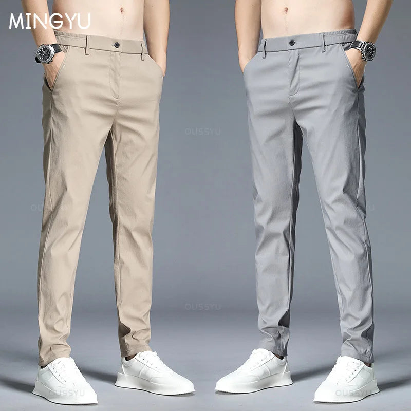 Men's Slim Fit Casual Pants Stretch Elastic Waist Korean Style