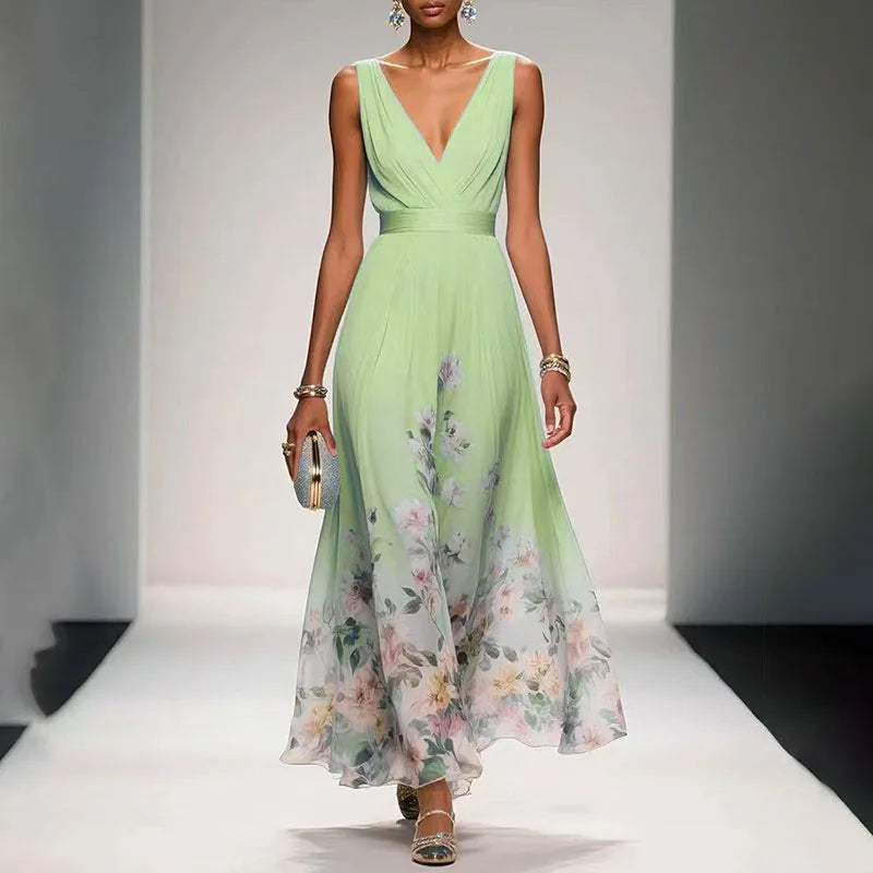Women's Floral Chiffon Maxi Dress Summer Sleeveless V-Neck High Waist