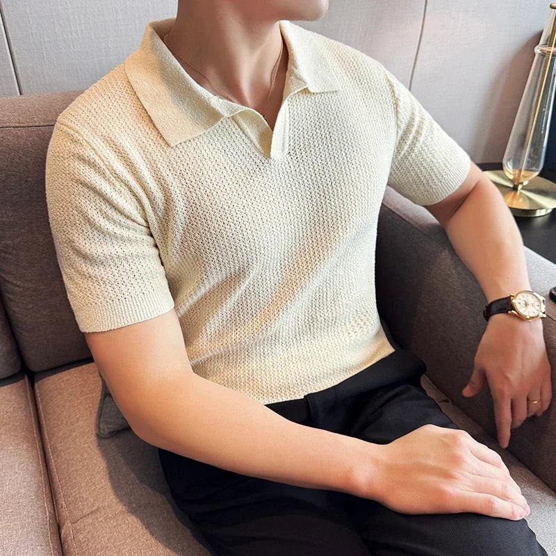 Men's Slim Fit Knitted Polo Shirt Summer 2025 Casual V-Neck Short Sleeve