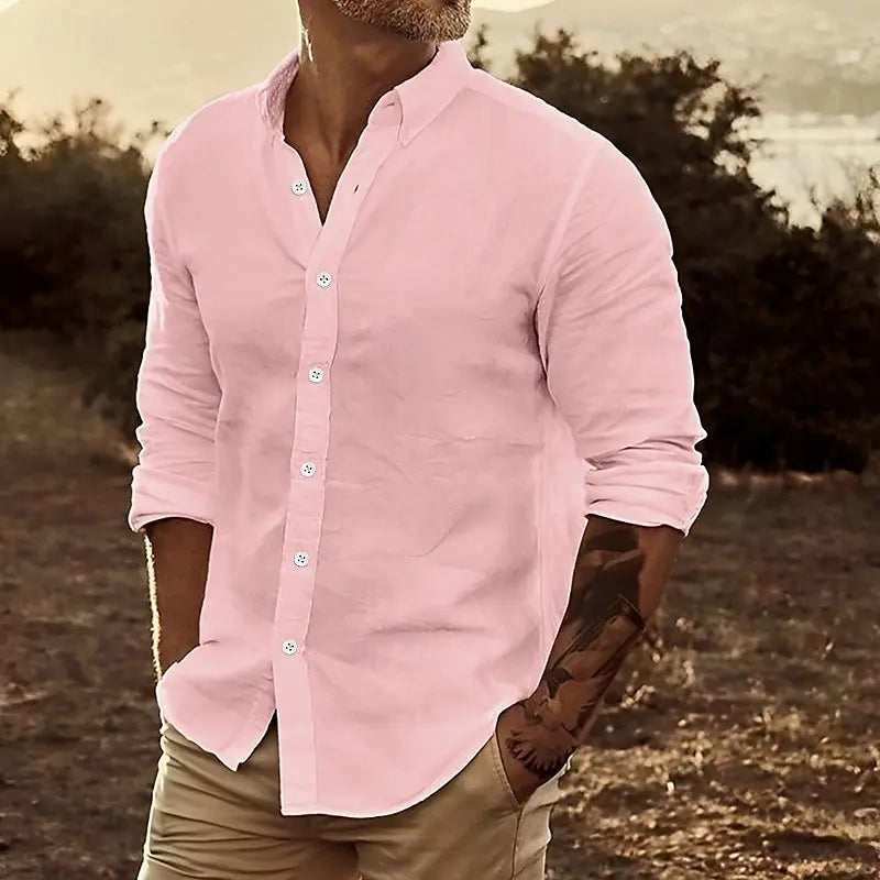 Men's Linen Button Down Shirt 2024 Solid Color Breathable Casual