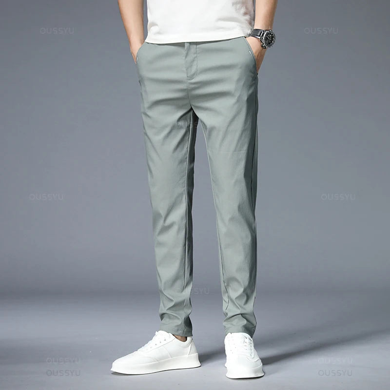 Men's Slim Fit Casual Pants Stretch Elastic Waist Korean Style