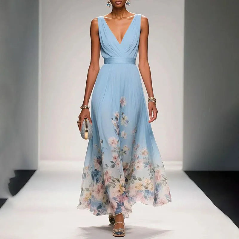 Women's Floral Chiffon Maxi Dress Summer Sleeveless V-Neck High Waist