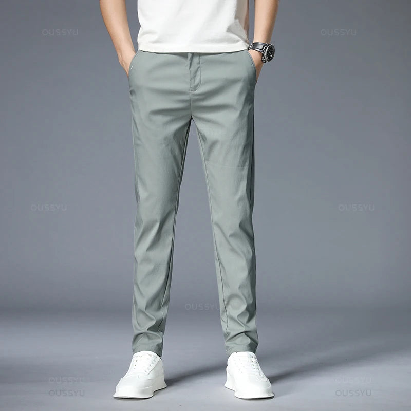 Men's Slim Fit Casual Pants Stretch Elastic Waist Korean Style