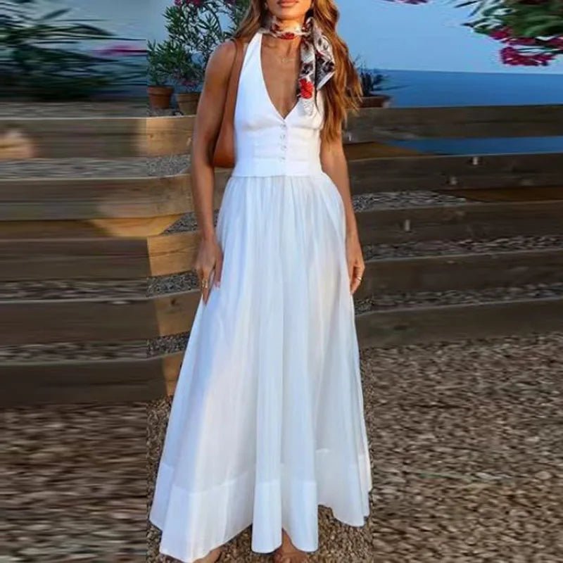 Deep V Pleated Boho Dress