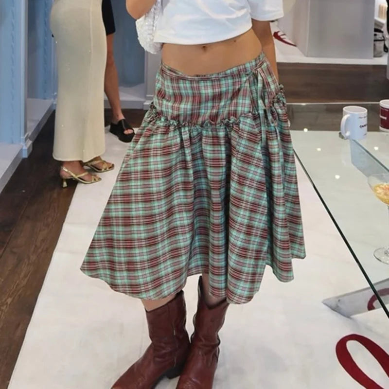 Gingham Ruffle Midi Skirt