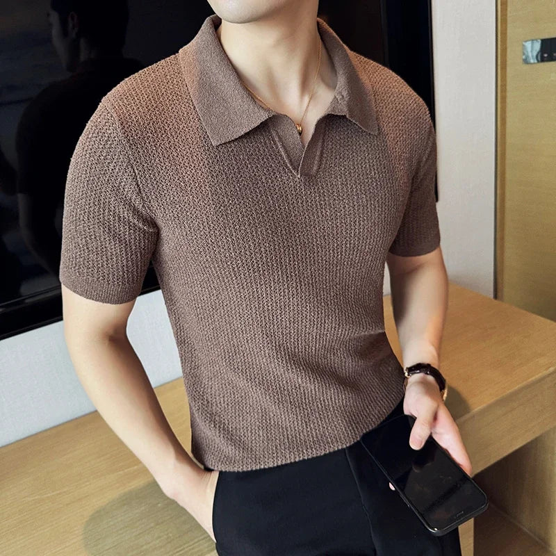 Men's Slim Fit Knitted Polo Shirt Summer 2025 Casual V-Neck Short Sleeve