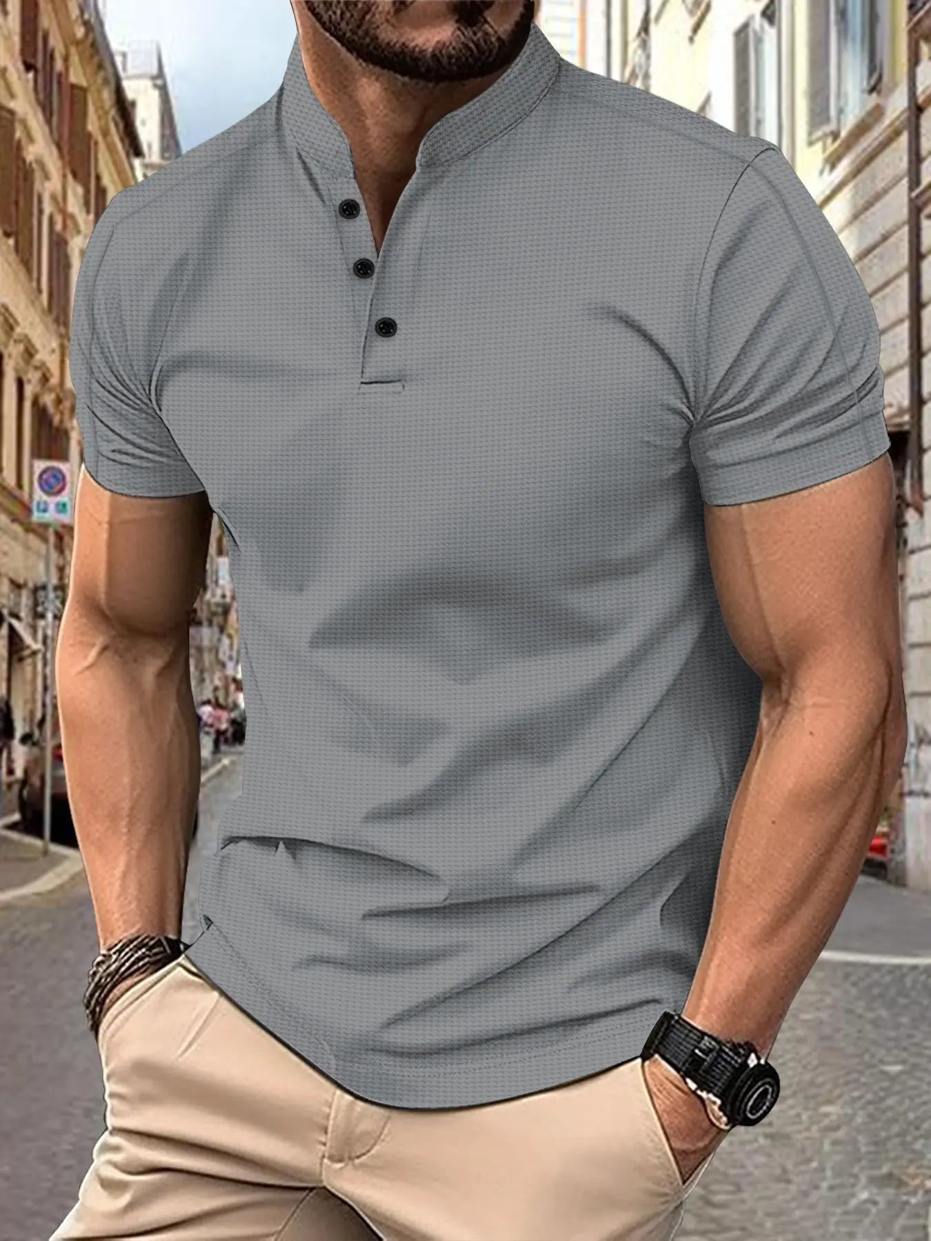 Men's Henley Collar Polo Shirt Casual Short Sleeve Summer Fashion
