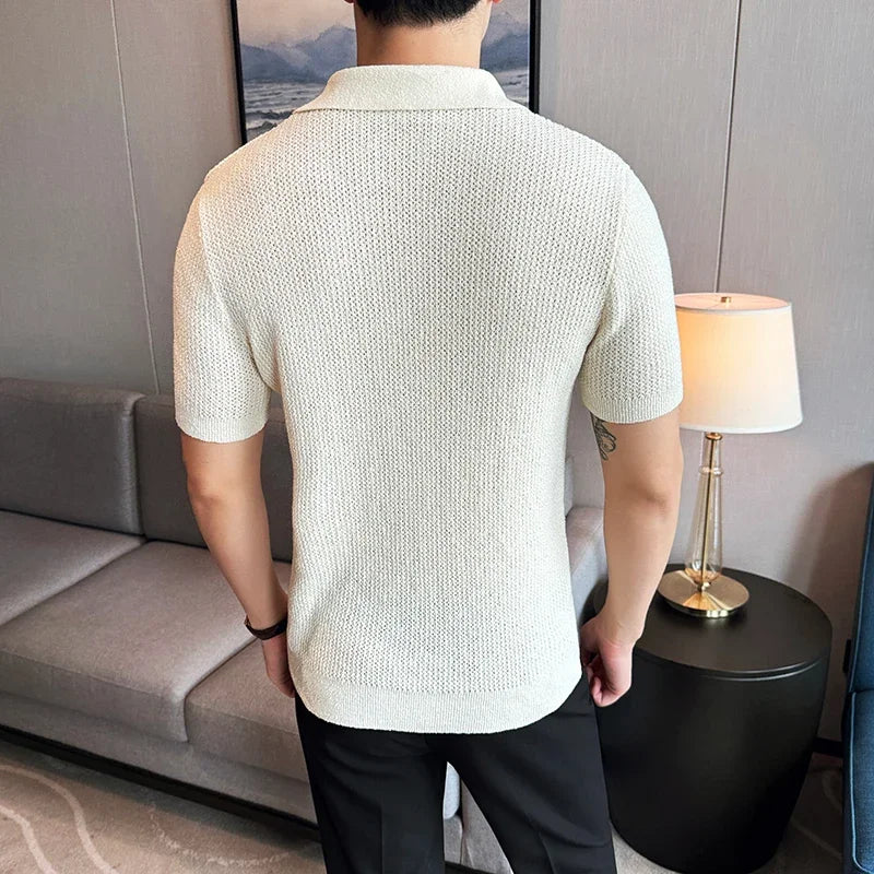 Men's Slim Fit Knitted Polo Shirt Summer 2025 Casual V-Neck Short Sleeve