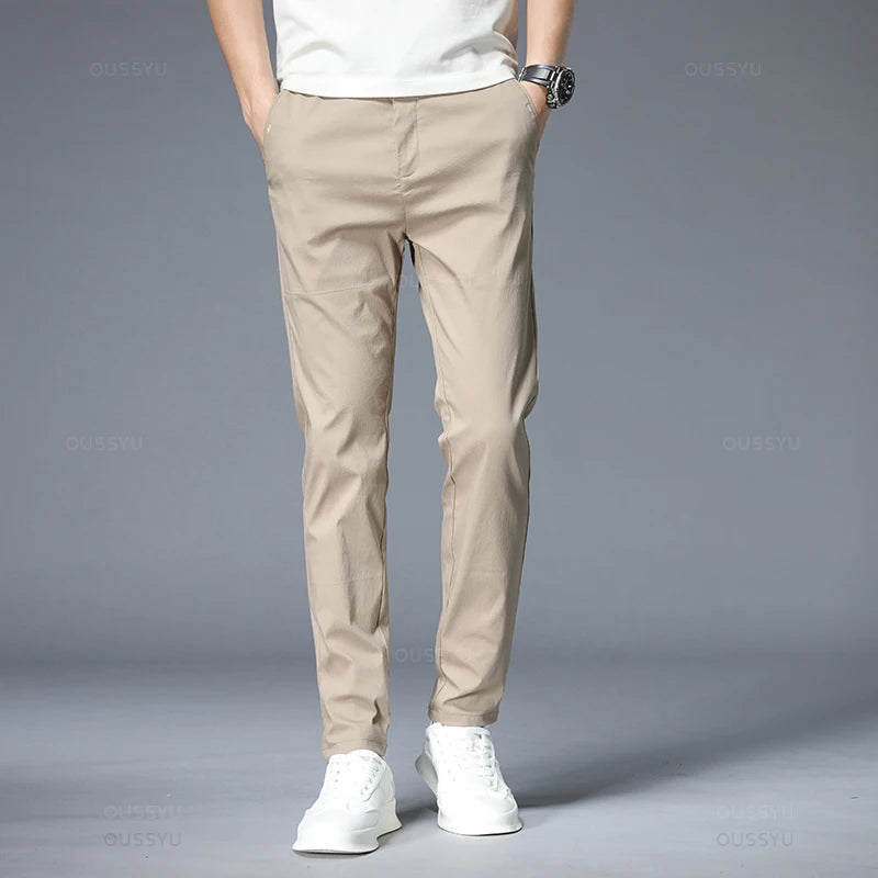 Men's Slim Fit Casual Pants Stretch Elastic Waist Korean Style