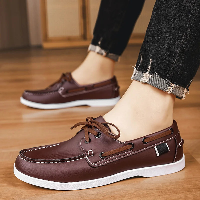 Men's Leather Casual Shoes Italian Style Lace-Up Driving Boat Shoes