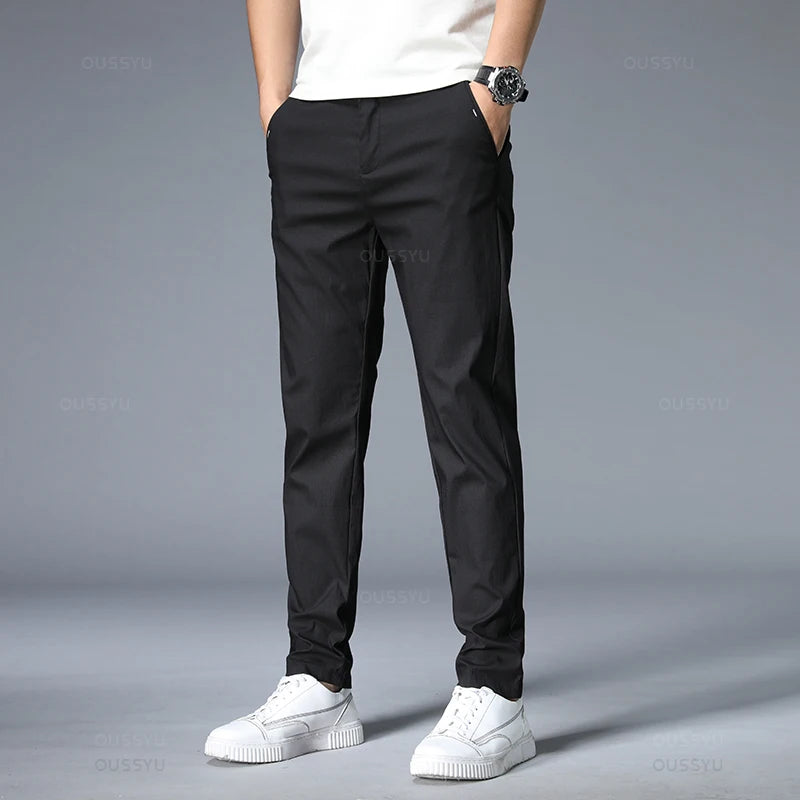 Men's Slim Fit Casual Pants Stretch Elastic Waist Korean Style